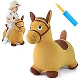 iPlay, iLearn Bouncy Pals Yellow Hopping Horse, Outdoor Ride on Bouncy Animal Play Toys, Inflatable Hopper Plush Covered W/ Pump, Activitie Gift for 18 Months 2 3 4 5 Year Old Kids Toddlers Boys Girls