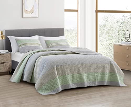 Chezmoi Collection Rene 3-teiliges Patchwork-Steppdecken-Set im Boho-Stil – Grün, Grau, Weiß, kariert, Candy-Streifen, wendbare Tagesdecke, vorgewaschene Baumwolle, leichte Decke, Queensize-Größe