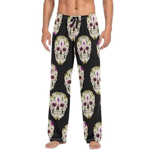 ALAZA Day of The Dead Halloween Sugar Skull Men's Straight-Fit Pajama Pants Sleep Lounge Pants Bottoms with Pockets