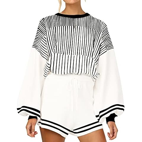 Yimoon Women' s Striped 2 Piece Knit Outfits Long Lantern Sleeve Pullover Sweater Shorts Set, Black, X-Large Cover