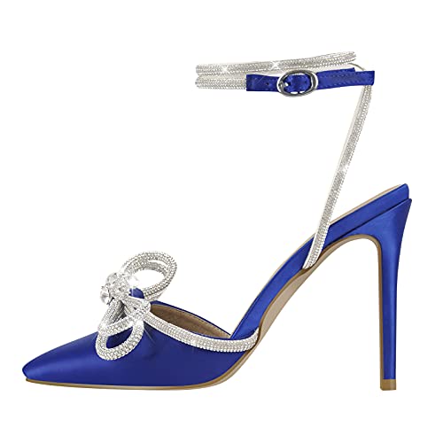 richealnini Women s Pointy Toe Satin High Heeled Rhinestone Bowknot Pumps Ankle Buckle Strap Stilettos Strappy Sandals Crystal Slim Heel Slingback Backless Wedding Evening Party Dress Blue Size 8