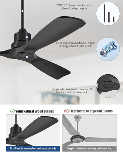 Image of Ceiling Fans With Remote Control, Outdoor Ceiling Fan for Patios Indoor, 3 Downrods, 3 Blades, Timer, 6 Speed Reversible Quiet DC Motor Modern Fan Solid Wood Fan,60in, Matte Black