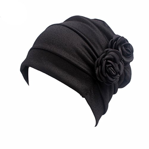 HONENNA Ruffle Chemo Turban Headband Scarf Beanie Cap Hat for Cancer Patient (Black+Navy Blue) - Thumbnail 2