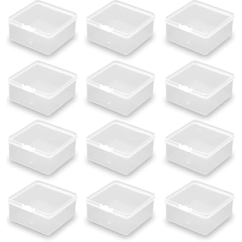 Farmer Mani Square Clear Craft Supply Case (3.23 x 3.23 x 1.58 Inch),12 Pack Plastic Storage Containers with Lids, Square Bead Organizers for Beads, Earplugs, Pins, Small Items etc Cover