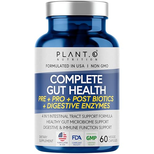 4-in-1 Prebiotic Probiotic & Postbiotic for Women & Men, Complete Gut & Digestive Support Supplement, Pre Post Probiotics & Digestive Enzymes 60 Capsules