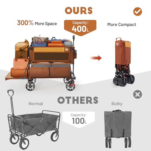 TIMBER RIDGE 400L Large Capacity Folding Double Decker Wagon with Brakes, 54" Extra Long Extender Wagon Cart, 450lbs Heavy Duty Collapsible Cart, All-Terrain Big Wheels for Camping, Sports, Shopping