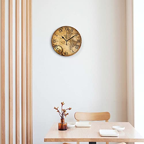 Acozuhse Silent Non Ticking Rustic Wall Clock, Wooden Old World Map Roman Numerals Clocks, Battery Operated 9.8"X9.8" Round Wall Clock For Kitchen, Living Room, Bedroom, Office #TOP2