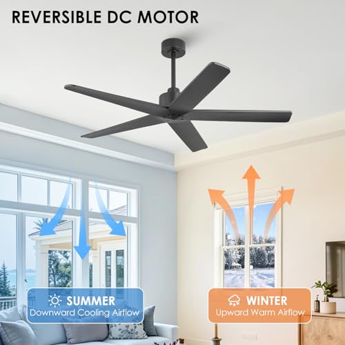WINGBO 64 Inch Ceiling Fan without Lights, 5 Carved Solid Wood Blades, 7-Speed Noiseless Reversible DC Motor, Indoor Outdoor Ceiling Fan No Light for Bedroom Living Room Patio, Black by WINGBO - Used condition - Image 6
