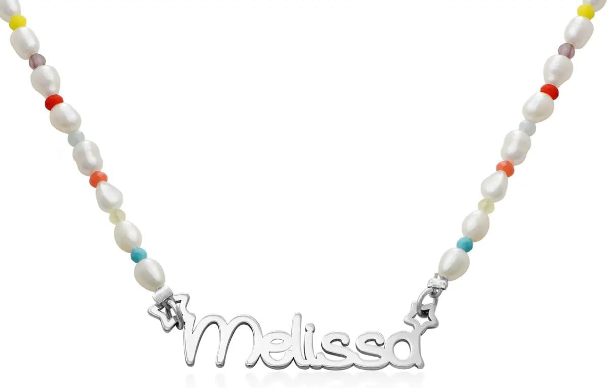 MYKA - Personalized Pearl Candy Name Necklace in Sterling Silver 925, Gold Plating - Custom Jewelry For Her, Women - Dainty Gift For MotherÕs Day, Birthday, Party, Christmas, Back To School - Custom Nameplate Pendant (Sterling Silver)