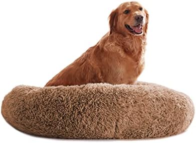PETORREY Calming Dog Bed Round Donut Cuddler Warming and Comfortable Pet Bed Anti-Anxiety Faux Fur Fluffy Cat Bed, Ultra Soft Washable(Light Grey Medium)