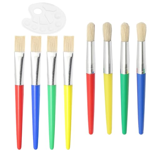 8 pinceles infantiles, pinceles, pinceles de pintura, garabatos, dibujos, pinceles lavables, preescolares, adecuados para materiales de color lavables (4 puntas redondas, 4 puntas planas)