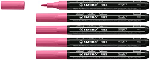 STABILO FREE Acrylic - Marker acrilico - T100 Punta rotonda 1-2mm - Confezione da 5 - Rosa