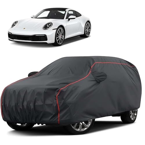 Image of Sulfar 100% Water Resistant Car Body Cover Compatible with Mirror for Porsche 911 (Triple Stitched, Full Bottom Elastic, Dark Grey Taffeta with Red Piping)