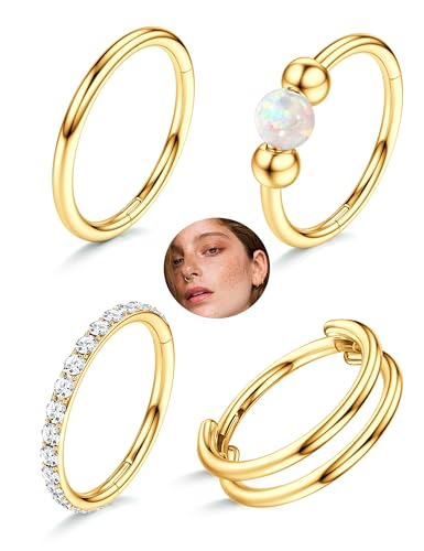 Morfetto 4Stück Nasenpiercing Ring Gold/Silber Hypoallergen - 316L Chirurgenstahl Segmentring Septum Piercing Nase Clicker Nasenring Knorpel Daith Rook Tragus Conch Helix Piercing Ring Golden 16G-6MM
