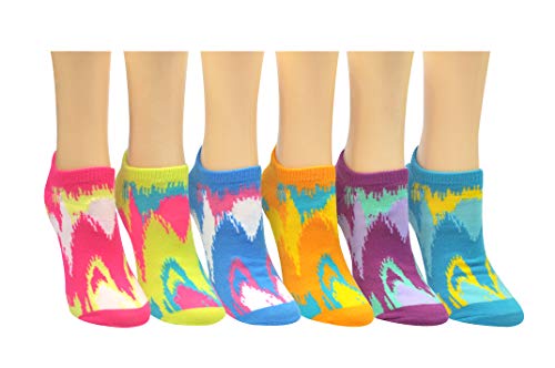 Tie Dye Socks (6 Pair) - Cute Sock Pack Lowcuts - Ladies Shoe Size: 4-10