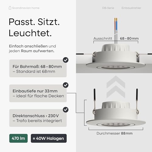 Scandinavian home 6er Set LED Einbaustrahler 230V Dimmbar - LED Spots 230V Warmweiß 3000K, 470 lm, CRI 90+, 68mm Lochmaß - IP44 Badezimmer Geeignet - Deckenspots Weiß-Matt, Schwenkbar