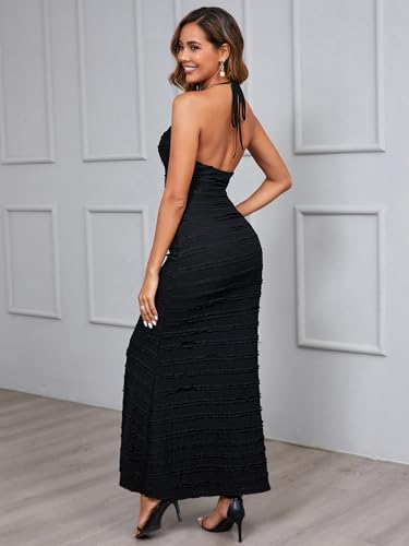 Image of HTZMO Women Wedding Guest Ruffle Bodycon Maxi Dress Halter V Neck Beach Vacation Summer Long Dresses 2026