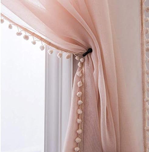 MISS SELECTEX Linen Look Pom Pom Tasseled Sheer Curtains - Rod Pocket Voile Semi-Sheer Curtains for Living and Bedroom, Set of 2 Curtain Panels (52 x 63 inch, Blush)