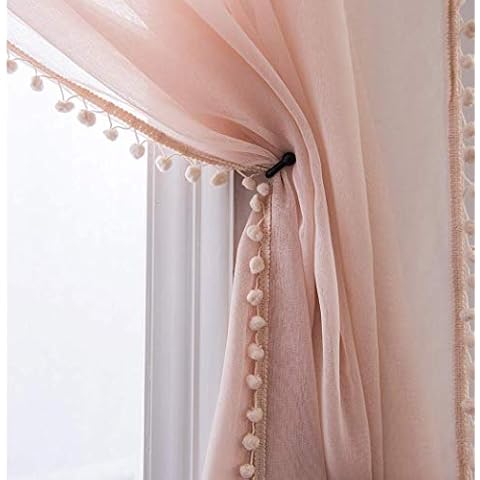 MISS SELECTEX Linen Look Pom Pom Tasseled Sheer Curtains - Rod Pocket Voile Semi-Sheer Curtains for Living and Bedroom, Set of 2 Curtain Panels (52 x 84 inch, Blush) Cover