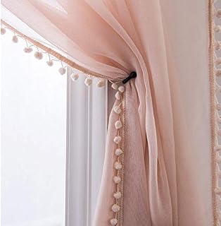 Selectex Linen Look Pom Pom Tasseled Sheer Curtains - Rod Pocket Voile Semi-Sheer