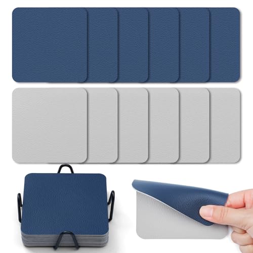 Myir JUN Coasters Glass Coasters set of 12 4 inch Double Sided Faux Leather Coaster Waterproof Non-slip Easy to Clean with Coaster Holder(Light Gray Blue)
