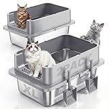 Jotesnew 2 Pack XL Stainless Steel Cat Litter Box with Lid and High Sides, 24' L x 16' W x 12' H Extra Large Metal Cat Litter Boxes for Big Cats, Leak-Proof, Non-Stick, Odor-Resistant, Includes Scoop