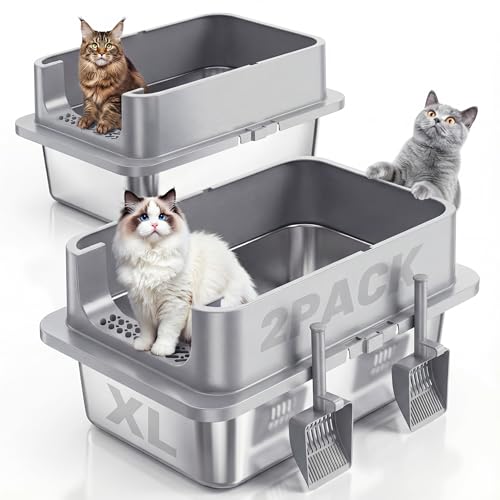 Jotesnew 2 Pack XL Stainless Steel Cat Litter Box with Lid and High Sides, 24" L x 16" W x 12" H Extra Large Metal Cat Litter Boxes for Big Cats, Leak-Proof, Non-Stick, Odor-Resistant, Includes Scoop