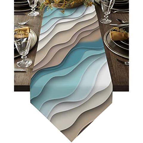 ZFUNCING Teal Gradient Stripes Table Runners,Cotton Linen Dresser Scarf, Kitchen Dining Tables Runner Scarf for Family Dinner Holiday Party Events 13x70In Cover