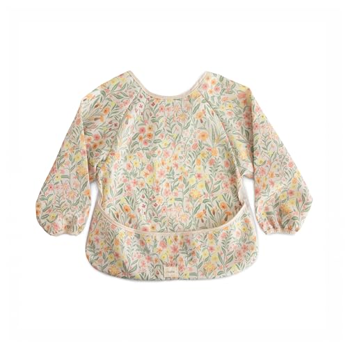mushie Long Sleeve Baby Bib | Water Resistant Adjustable Fit for Ages 6-24 Months (Pastel Blooms)