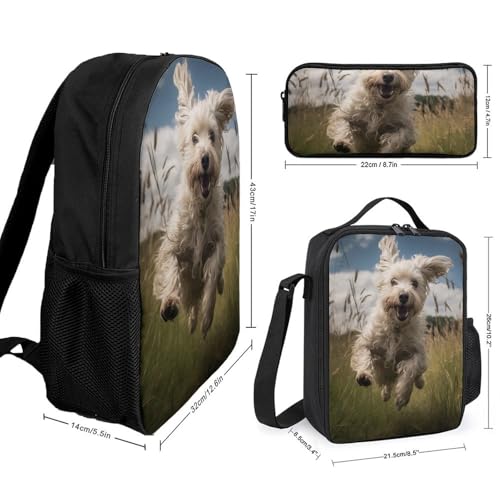 3 Piece Backpack for Women Men Lightweight Causal Daypack Shoulder Bag Set with Insulated Lunch Bag And Pencil Case Organizers White Dog in The Field2
