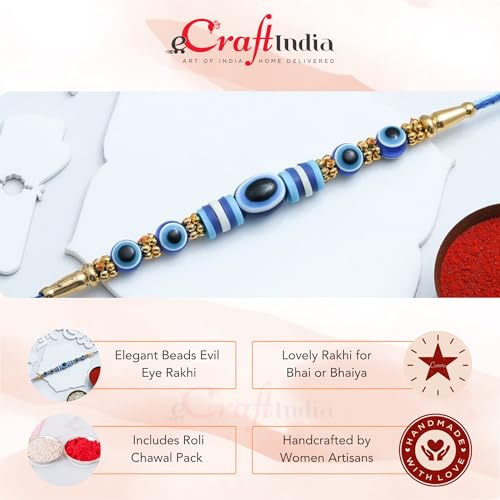 Image of eCraftIndia Beads Evil Eye Rakhi for Brother Bhaiya Bhai with Best Bro Ever Fridge Magnet | Roli Chawal Pack