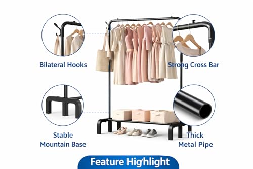 Image of Raawan Heavy Duty Double Rod Clothes Rack with Side Storage Shelves | Metal Garment Stand Organizer | Space Saving Cloth Hanger Stand for Bedroom, Living Room & PG (1 LAYER BLACK)