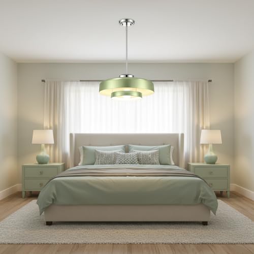 Image of Mid-Century Modern Sage Green Hanging Lamp, Brushed Metal Shade Kitchen Island Pendant Light Adjustable Ceiling Light for Living Room, Dining Nook, Bedroom