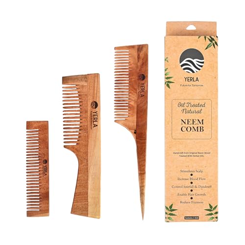 Image of YERLA Handmade Kacchi Neem Wooden Comb Set for Women & Men | Herbal Hair Growth Comb Infused with 17 Herbs & 4 Natural Oils | Anti-Dandruff, Frizz Control & Shine | Multi-Size Wooden Comb Combo (Pack of 3)