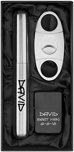 Engraved Stainless Steel Cigar Tube Flask, Cutter, & Lighter Gift Set Custom Personalized