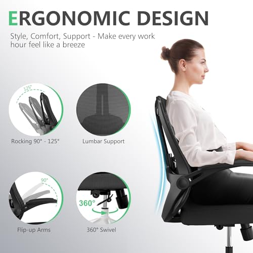 Image of Comfy Office Chair, Adjustable Lumbar Support Desk Chair, Black | Ergonomic Office Chair with Flip-up Armrests, 400LBS Capacity Breathable Mesh Computer Chair for Home Offices, Study, Gaming