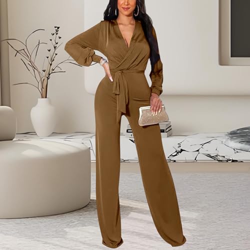 Image of shengfan Formal Jumpsuits for Women Dressy Evening Sexy Deep V Neck Plus Size Long Wide Leg Pants Rompers Clubwear