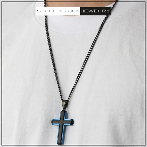 Black Stainless Men's Modern Cross Curb Chain Pendant Necklace with Blue Accents - 24"2