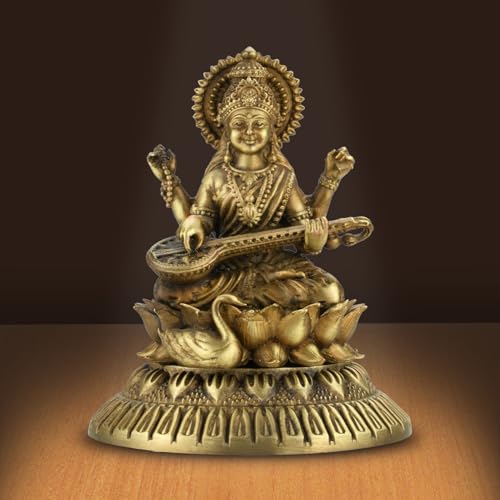 Image of Ultra Fine Saraswati Maa Idol Seated on Lotus Holding Veena - Fine Detailing of God Statue for Study Table, Murti for Mandir, Idols for Gift & Housewarming (2.7 Inch, Coffee Antique)