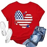 4th of July Shirts Women American Flag Patriotic T-Shirts USA Star Stripes Graphic Tee Tops(Red,S)