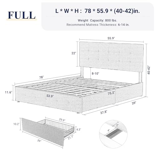 Allewie Upholstered Full Size Platform Bed Frame with 4 Storage Drawers and Headboard, Square Stitched Button Tufted, Mattress Foundation with Wooden Slats Support, No Box Spring Needed, Beige