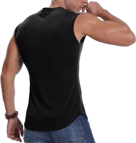 PCEAIIH Men's Sleeveless Henley Vest Athletic Tank Fitness Slim Running Sports Top Fashion Muscle T-Shirt Black - Image 4