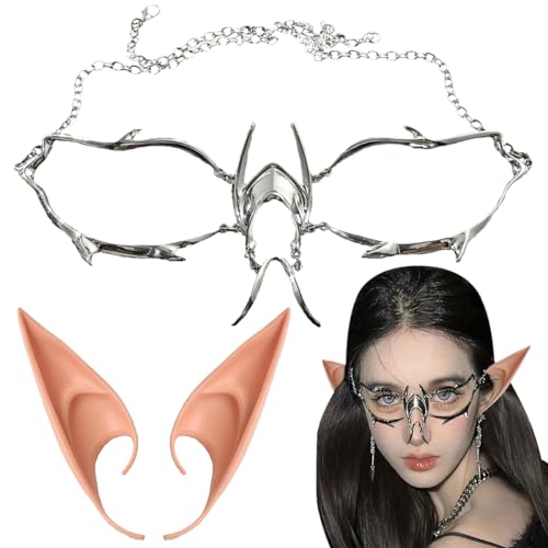 EARTNDP Masquerade Ball Dress Up 2pcs Punk Mechanical Mask Elf Ears Masquerade Ball Elven Vampire Ears Punk Irregular Silver Hollow Accessory Hobbit Ears Cosplay Hen Party Dress Up