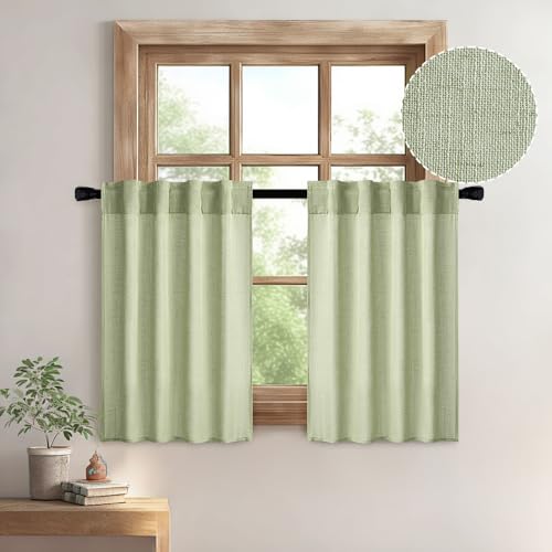 MIULEE Sage Green Kitchen Curtains 36 Inch Length 2 Panels, Soft Thick Linen Textured Semi Sheer Light Filtering Short Cafe Tier Curtains for Small Half Window Bathroom Laundry Back Tab Rod Pocket