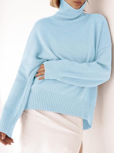 YKR Women's Turtleneck Sweater Chunky Long Sleeve Knitted Pullover High Low Hem Sweater 2023 Fall Winter Sweater Top Babyblue S3