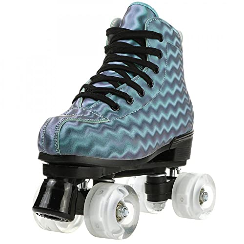 Jessie Womens Roller Skates Water Ripple High-Top Roller Skates Four-Wheel Roller Skates Shiny Roller Skates For Adult Youth Boys Girls Outdoor With Shoes Bag (Green Ripple Flash,Us:9) #TOP1