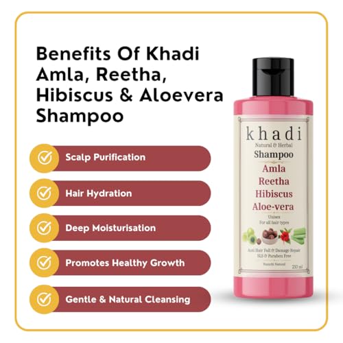 Image of Khadi Amla Reetha Hibiscus Aloe Vera Anti Hair Fall & Damage Repair Shampoo | Khadi Natural Shampoo for Women & Men | Sulfate, SLS & Paraben Free 210 ml