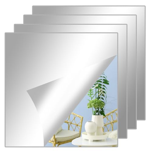 Haveneit 4 azulejos de espejo autoadhesivos, espejos para pegar 20 x 20 cm, espejo adhesivo acrílico, lámina de espejo flexible, espejo acrílico para paredes, puertas, baños y armarios