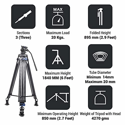 Image of DIGITEK (DPTR-7060VD) 184CM Platinum Heavy Duty Video Tripod with Aluminium Rod & Non-Slip Foot Pad, 20kg Max Load, 3 Section Adjustment, Compatible with Camcorder, Camera, Smartphone