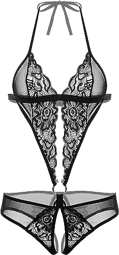 Image of Women Deep V Imported Lingerie Lace Teddy One Piece Babydoll Mini Bodysuit Sleepwear Swimwear
